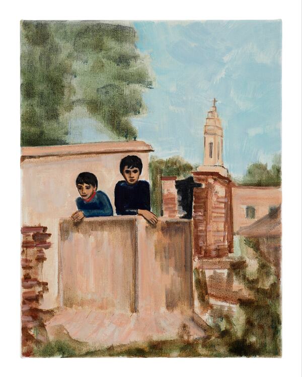 Matthew Krishanu, Two Boys (Church Tower), 2020 Oil on canvas, 45 x 35 cm. The artist (2021). Photo Peter Mallet