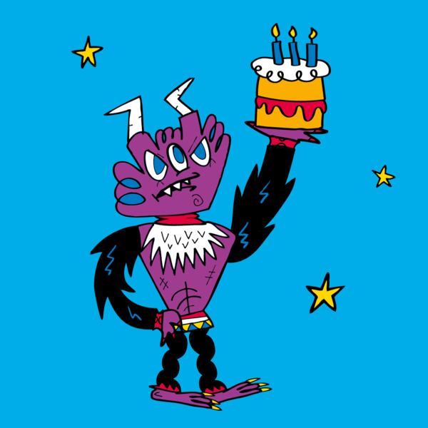 Purple monster holding a cake, Imagine Children's Festival 2022