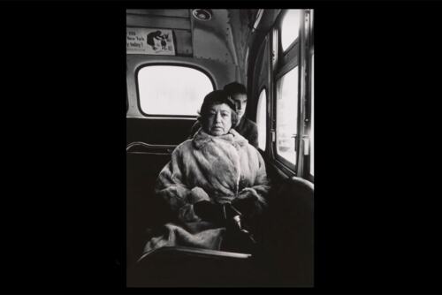 Lady on a bus, N.Y.C. the 1957 photograph by Diane Arbus depicting a woman seated on a city bus, looking directly at the camera