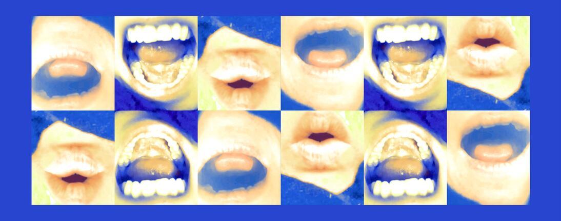 12 images of mouths smiling, screaming, pouting alternate against an electric blue background