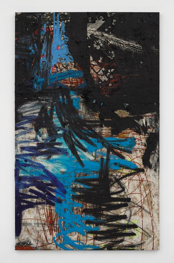 Oscar Murillo, manifestation, 2019-2020 Oil, oil stick, cotton thread and graphite on canvas, velvet and linen, 255 x 155 cm