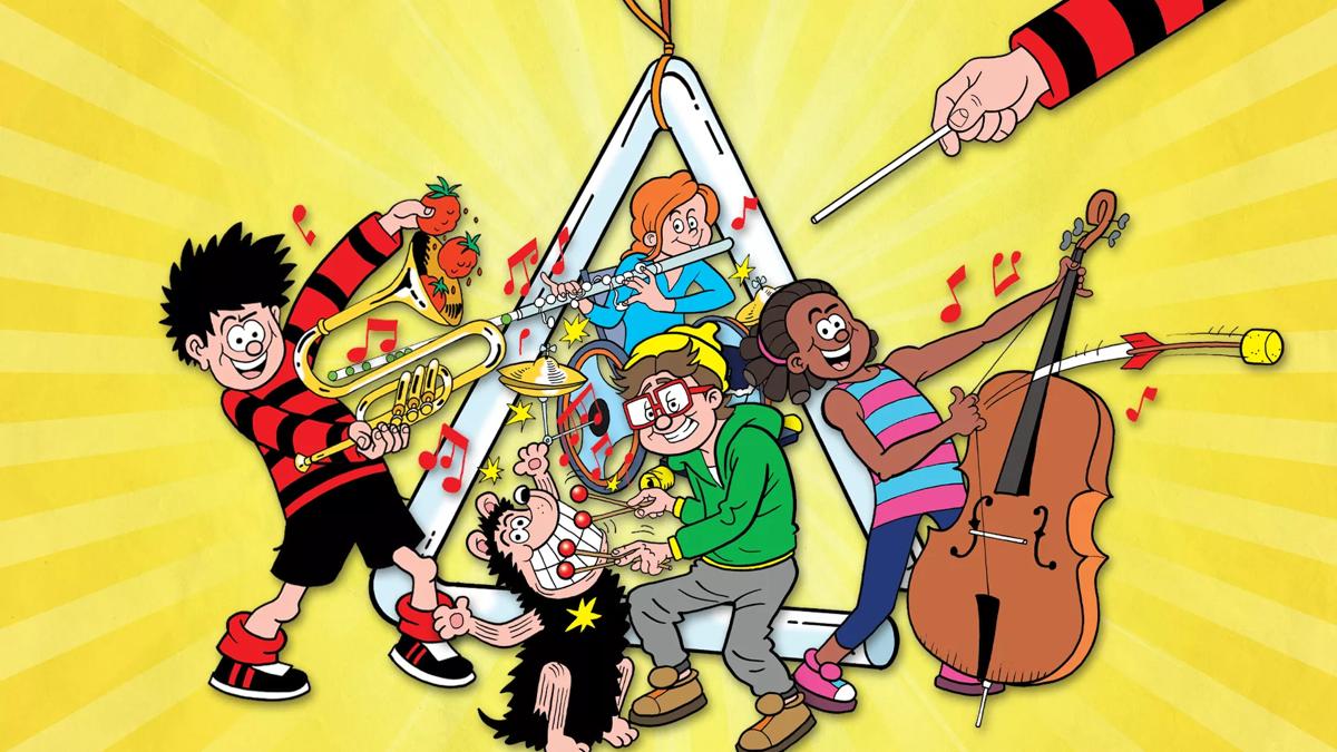 Dennis & Gnasher Unleashed at the Orchestra illustration showing kids playing on instruments