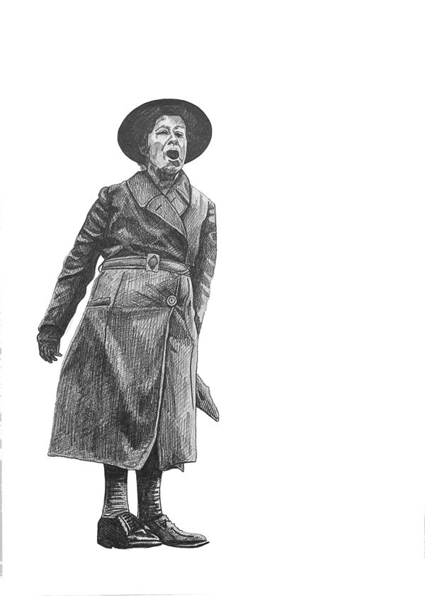 A pencil drawing of Sylvia Pankhurst who is wearing a long coat, hat and her mouth is open