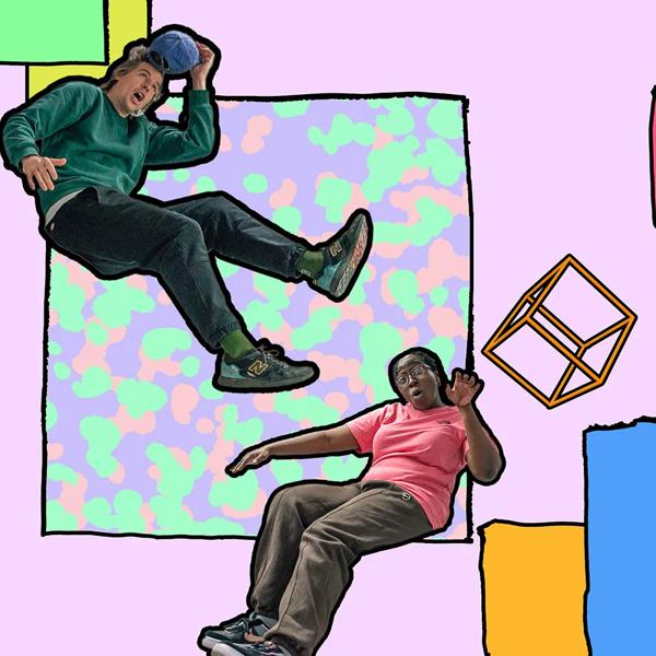 Two performers appear to be falling through the air against an illustrated back drop.