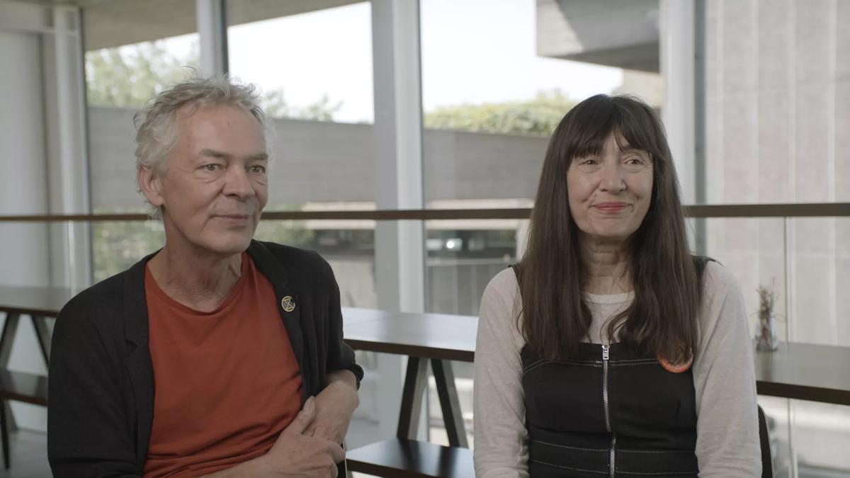 Artists Heather Ackroyd and Dan Harvey sit in the cafe at Hayward Gallery