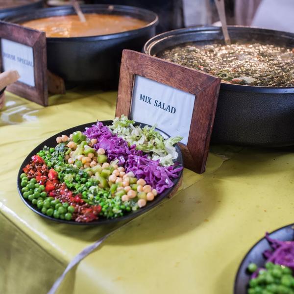 A photo of salads and stews at the Ethiopian food stall Ethiopiques, at Southbank Centre Food Market