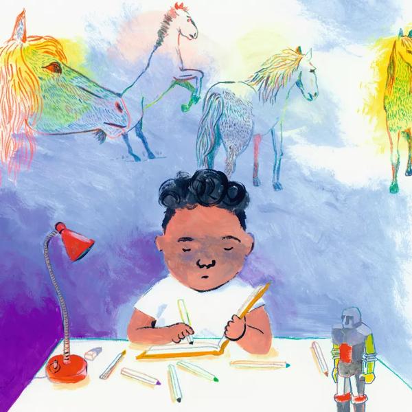 Colourful illustration of a child drawing in his book surrounded by mutliple horses
