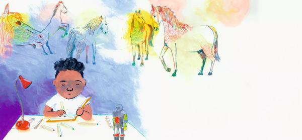 Colourful illustration of a child drawing in his book surrounded by mutliple horses