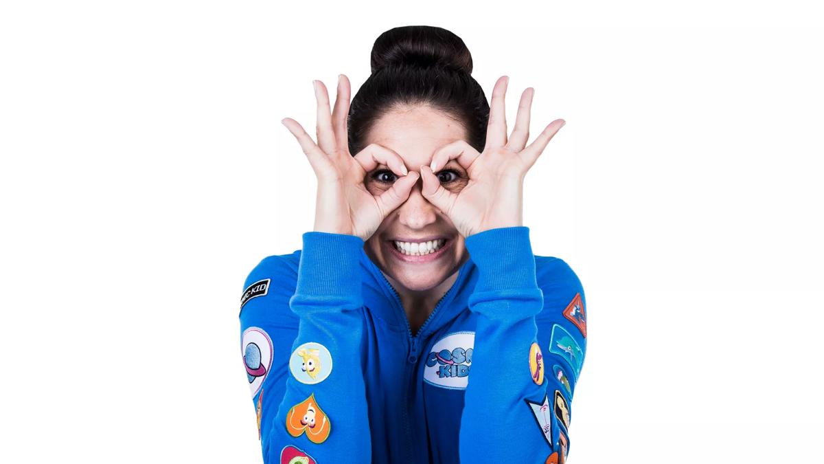 Jaime Amor, yoga teacher, photographed using her fingers to make glasses