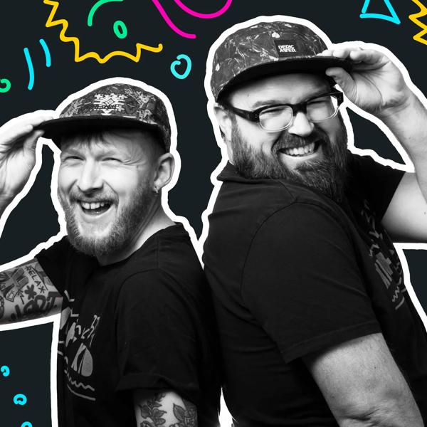 Black and white photo of the Mighty Kids Beatbox performers in front of an illustrated background. 