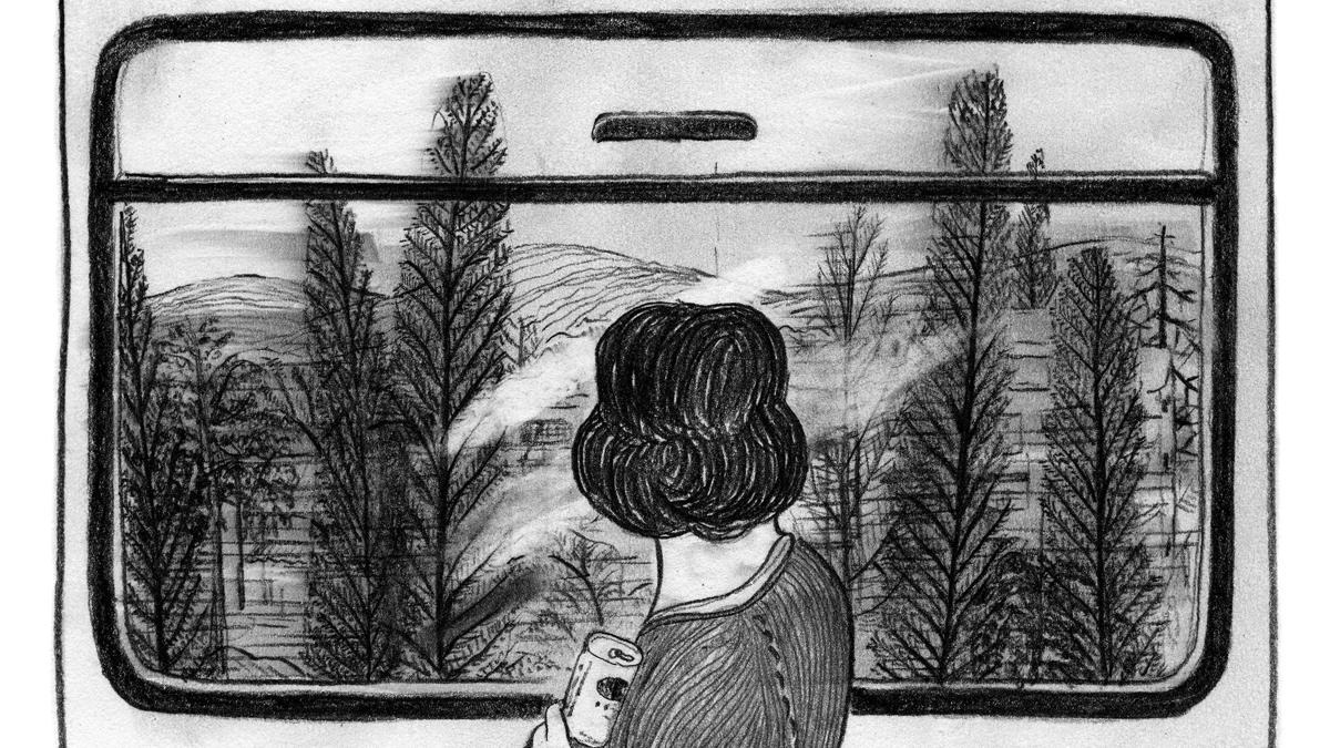 A woman looking out of a window on a train. A pencil drawing by Chihou Lee