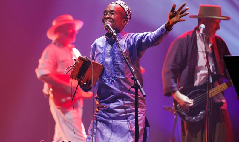 Hot Congotronics perform on stage at Grace Jones Meltdown; in the foreground is a vocalist from Kasai AllStars, a black man who wears a long sleeve Dashiki; in the background two guitar playing members of Hot Chip are visible but out of focus; each of them are white men wearing wide-brimmed hats