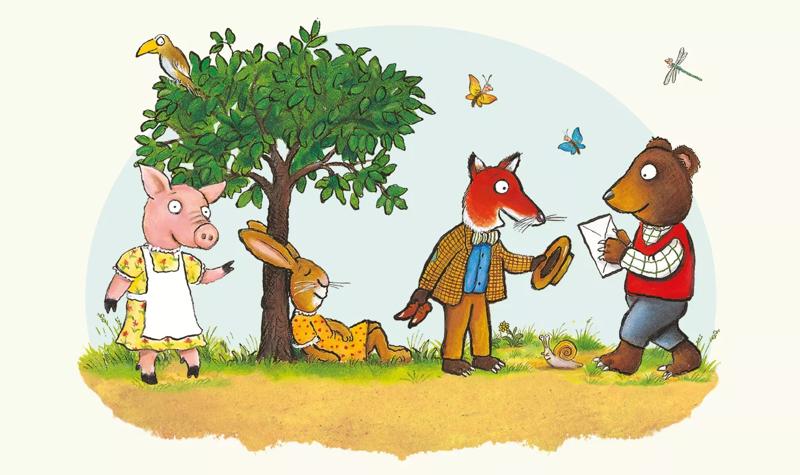 Illustration of Tales From Acorn Wood Characters. A pink pig in a yellow flowery dress and a white apron looks out at the viewer. A chestnut rabbit in an orange and red spotty dress lounges asleep against the trunk of a tree. A fox wearing a tweed blazer, blue shirt, striped bow tie and yellow trousers holds his shoes in one hand and his hat in the other. A brown bear in a red sweater vest, checked shirt and grey trousers walks with a white envelope in his hands. In the air flies two butterflies and a dragonfly and in the background of the drawing a snail with a yellow snail is on the floor. 