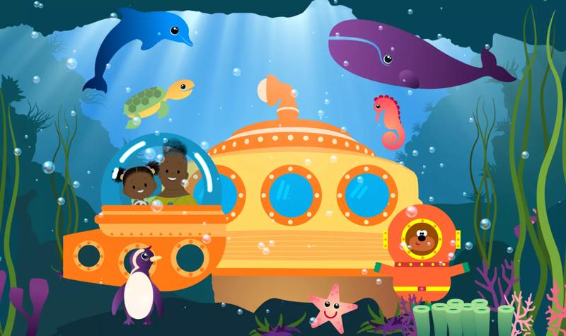 Cartoon of two characters in a submarine, surrounded by various sea creatures