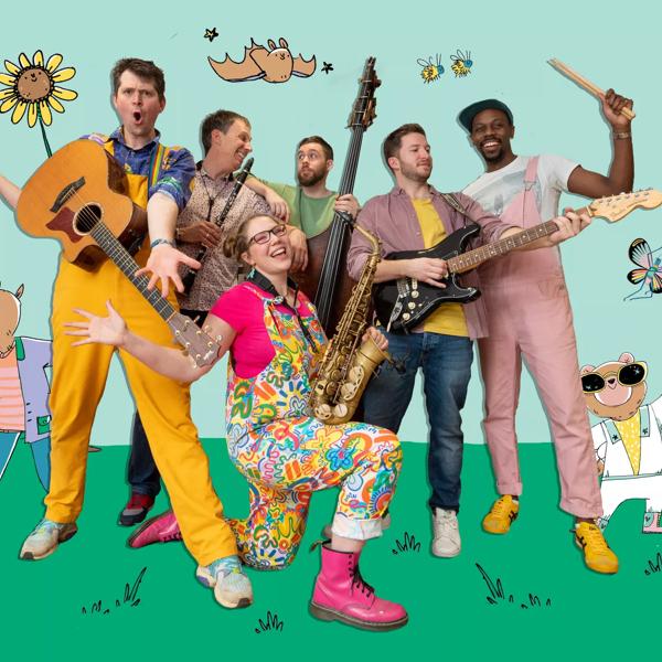 The David Gibb Band members are posing in the middle with their music instruments to hand surrounded by a colourful animated background and cartoon characters.
