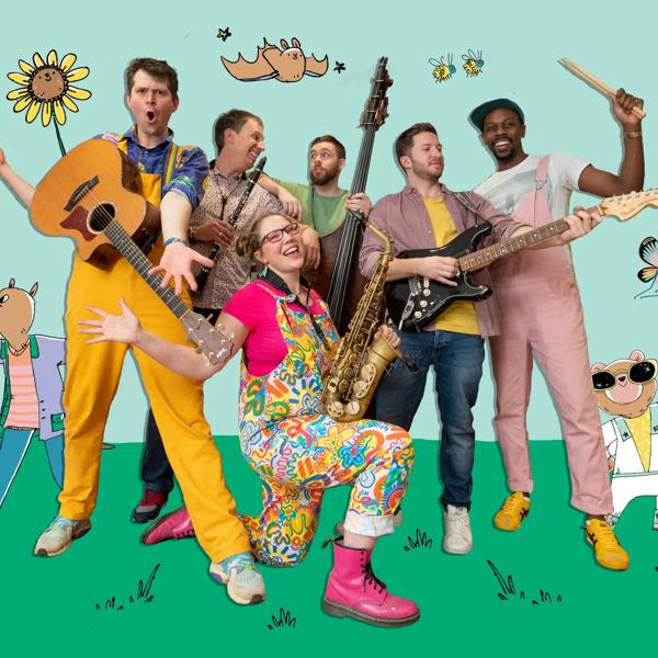 The David Gibb Band members are posing in the middle with their music instruments to hand surrounded by a colourful animated background and cartoon characters.
