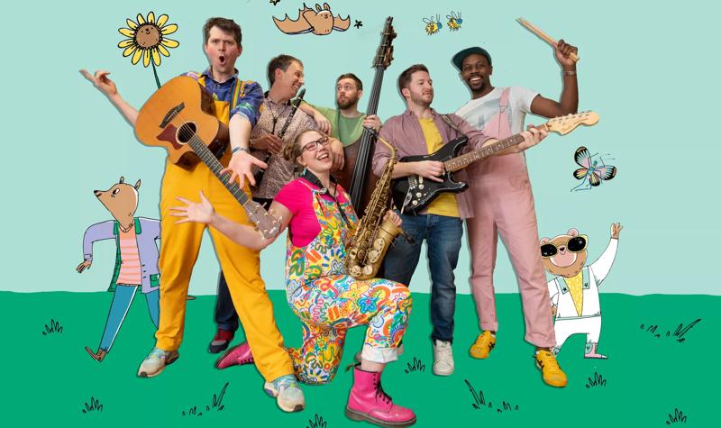The David Gibb Band members are posing in the middle with their music instruments to hand surrounded by a colourful animated background and cartoon characters.