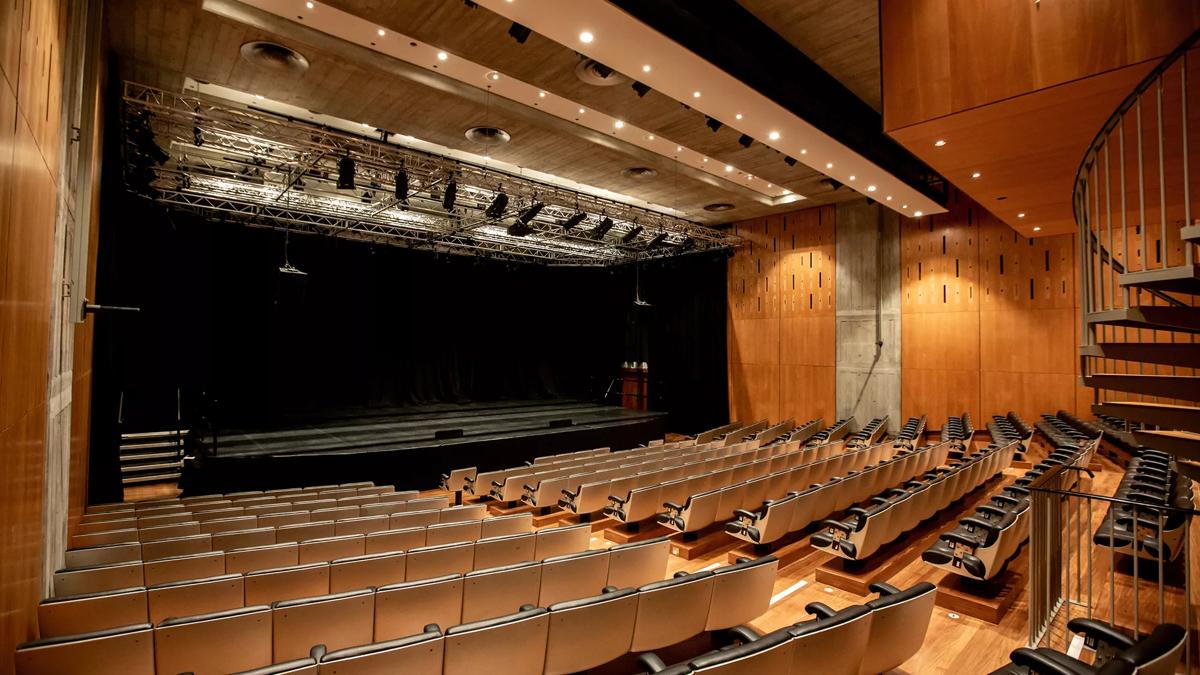 The interior of the Purcell Room at the Southbank Centre; seats face an empty stage