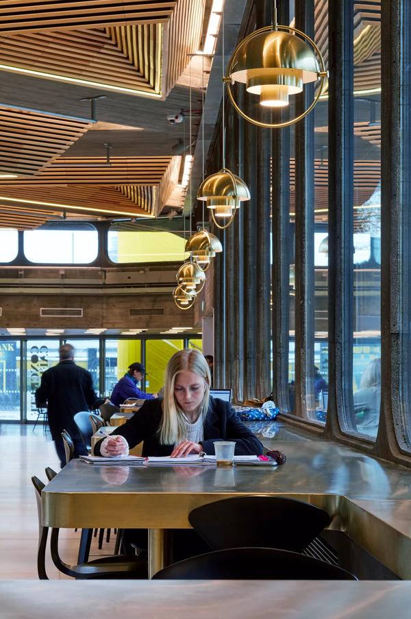 Photo of woman studying at one of the high tables in the Queen Elizabeth Hall foyer. 