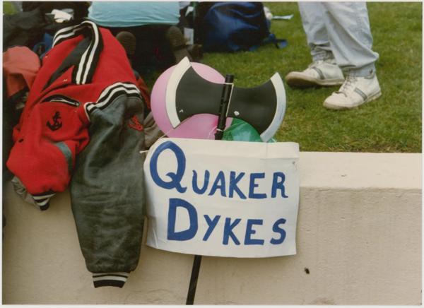 Quaker Dykes sign, photographed at Pride '87 Carnival in Jubilee Gardens, London