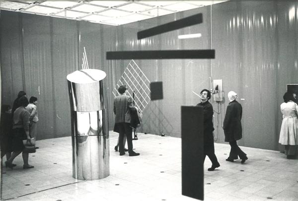 Visitors to Hayward Gallery's 1970 exhibition, Kinetics, view some of the exhibition pieces