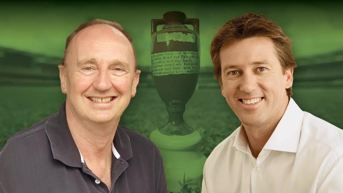 The voices of cricket, Jonathan ‘Aggers’ Agnew and Glenn McGrath, next to a backdrop showing a trophy