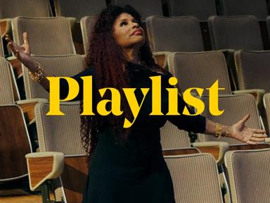 The musician Chaka Khan, a Black woman with long curly hair, wears a long black dress and stands with her arms stretched outwards among the seats of the Royal Festival Hall auditorium. The word 'playlist' in yellow type overlays the image