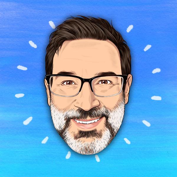 The logo for the Adam Buxton Podcast is a graphic of Adam's face against a sky blue background. He has dark hair and a grey beard peppered with black. He wears dark, half-framed glasses and smiles. 