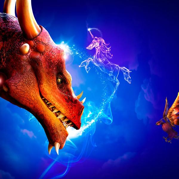 An animated red dragon looks towards a smaller creature