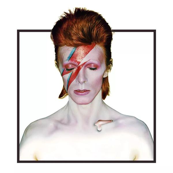 David Bowie cover image of Aladdin Sane with a black box design 