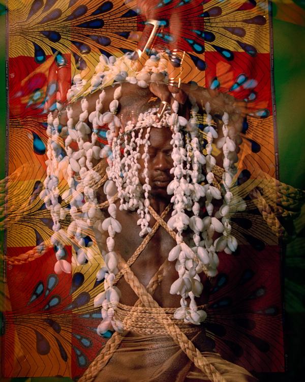 A collage image featuring a black model looking away from the camera, with printed fabric and rope