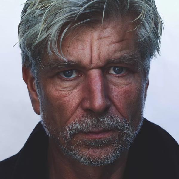 Portrait of author Karl Ove Knausgård. He stares into the camera in front of a white background, 