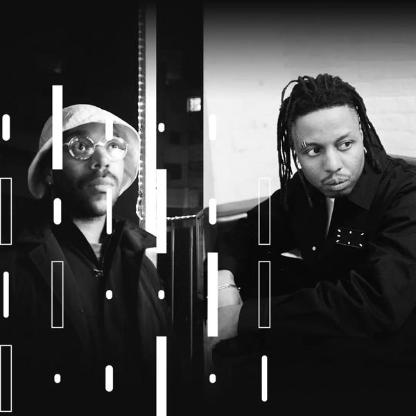 Space Afrika: a duo of musicians Joshua Inyang on the left wearing a hat and Joshua Reid on the right in a sitting position. Purcell Sessions design vertical lines overlay the image