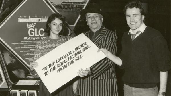 Writer and musician George Melly welcomes the millionth visitors to Royal Festival Hall