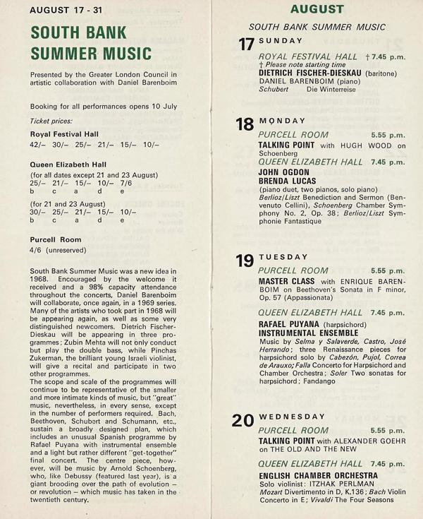 Page spread from July & August 1969 'Music on the Southbank' guide detailing the South Bank Summer Music festival. The two pages include an introduction to the festival, pricing for its concerts, and details of the firsdt four concerts in the series from 17-20 August 1969.