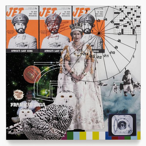 A colorful collage featuring multiple overlapping elements: several JET magazine covers, a woman in a regal outfit, geometric diagrams and a space-themed background with astronauts and planets  