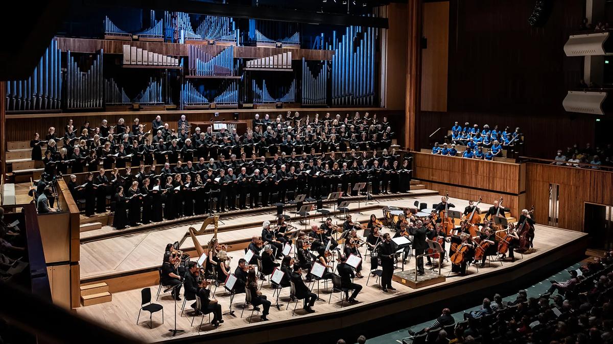 The Bach Choir and the Philharmonia on stage at the Royal Festival Hall