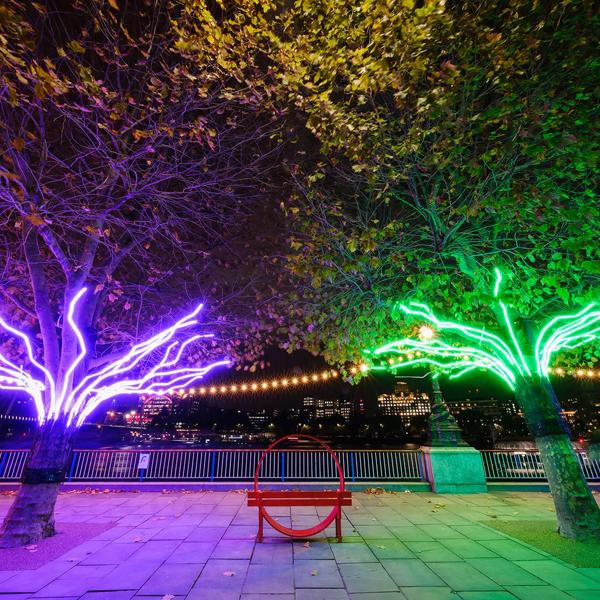 Purple and green neon lights intertwined in tree branches next to the River Thames