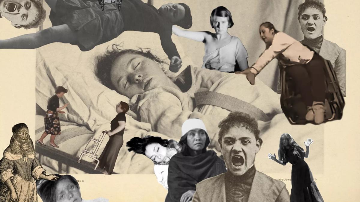 Collage of black and white archival photographs of women including one sleeping, two in wheelchairs and others posing