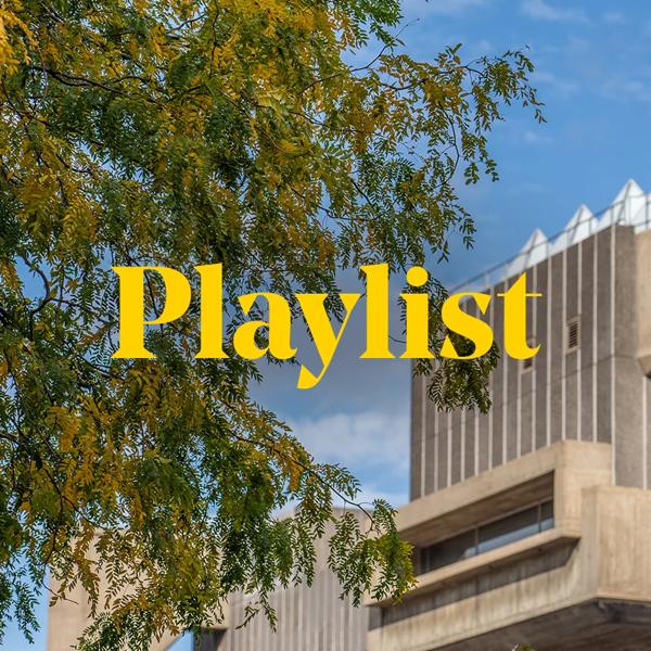 The word Playlist in yellow type over an image of the exterior of the Hayward Gallery fringed by a tree