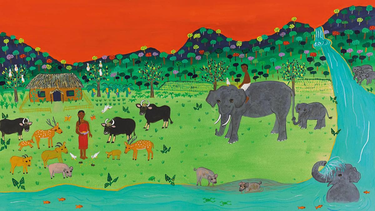 Illustration of a South Asian landscape, with a person feeding livestock in a green field, and another person riding on an elephant with a blue river running past them.
