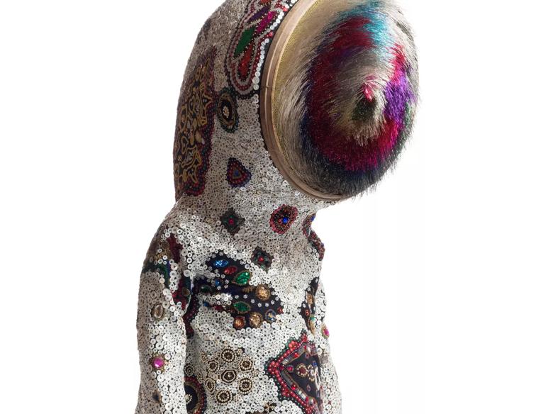 Nick Cave, Soundsuit, 2014 Mixed media including fabric, buttons, antique sifter, and wire, 211 x 60.5 x 67.5 cm