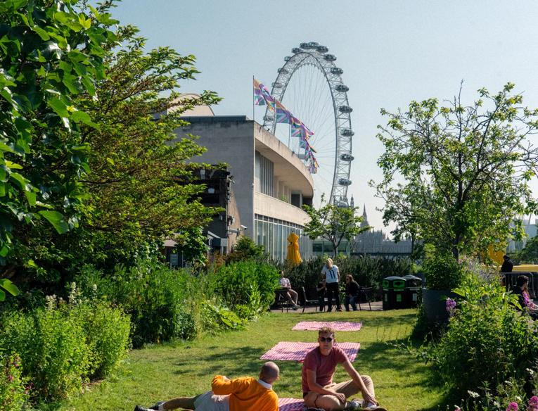 Roof Garden with Royal Festival Hall, river and London Eye in the background