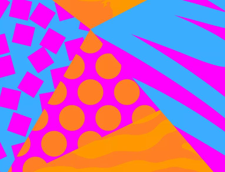Pink, orange and blue graphic image with different shapes