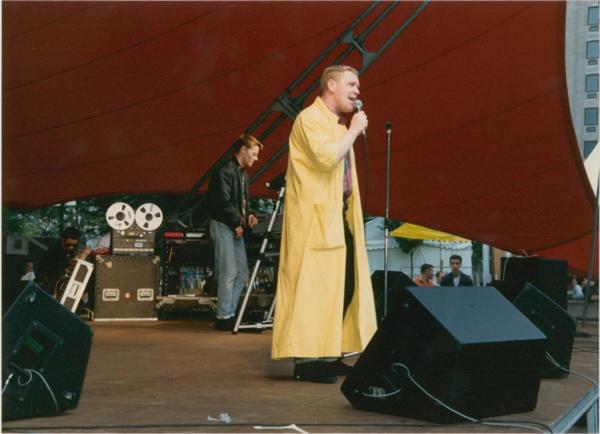 Steve Bronski of Bronski Beat performs at Pride '87 Carnival at Jubilee Gardens, South Bank, London