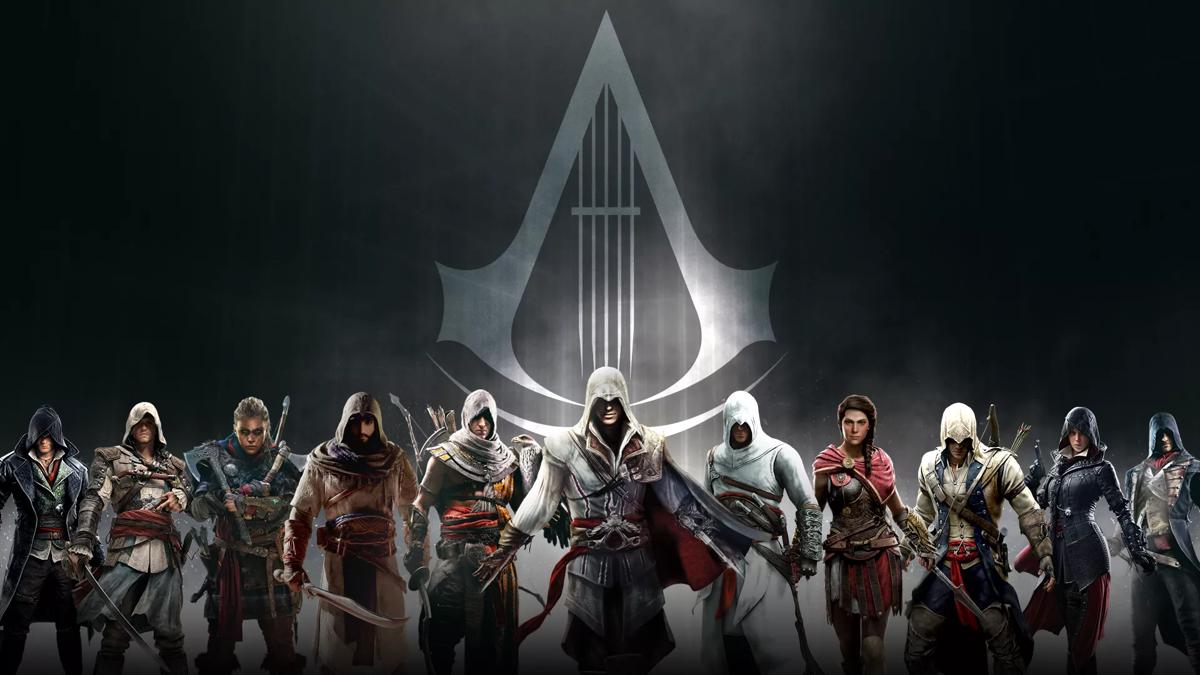 Assassin's Creed game characters stand in a line against a dark grey background 