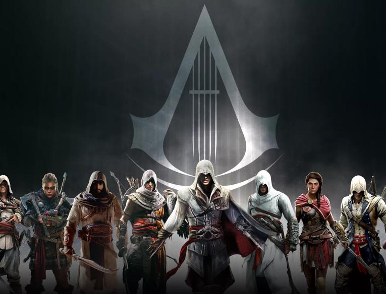 Assassin's Creed game characters stand in a line against a dark grey background 