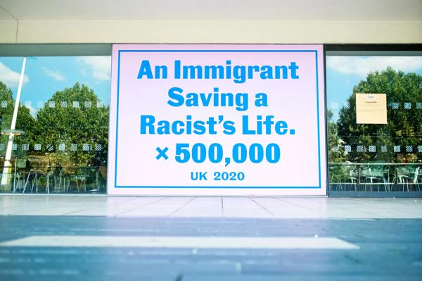 Installation view of Jeremy Deller, An immigrant saving a racist’s life x 500,000, 2020at Southbank Centre's Everyday Heroes, on until 7 November 2020. Copyright the artist. Photo credit_ Linda Nylind