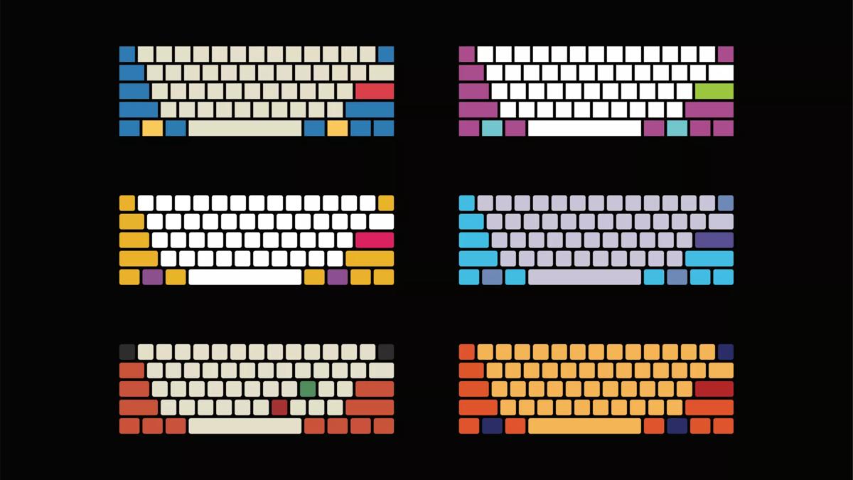 Six colourful keyboards