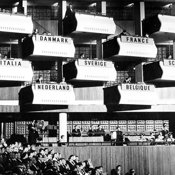 The boxes of the Royal Festival Hall in use as commentary boxes for the international broadcasters during the 1960 Eurovision Song Contest